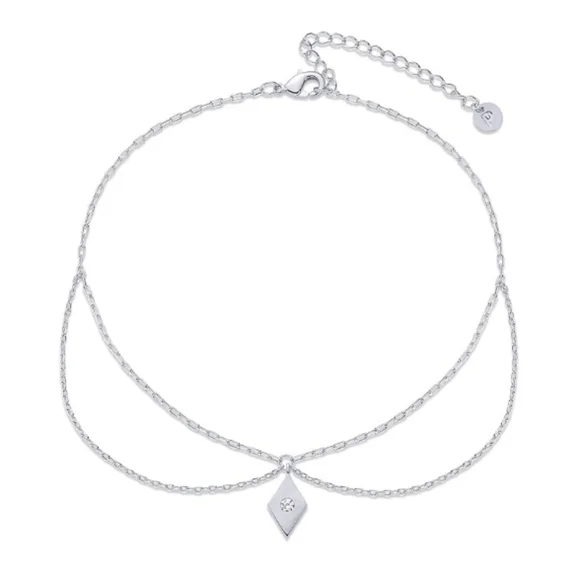 14K Gold Plated Charm Link Chain CZ Boho Adjustable Anklet In White Gold - Picture 1 of 4